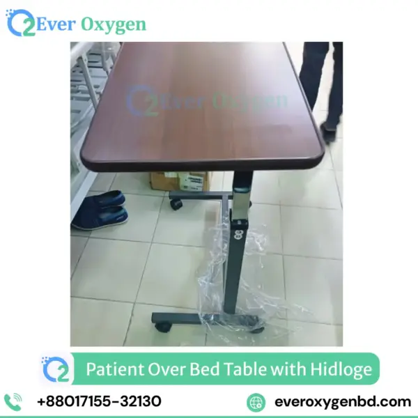 Hydraulic over bed table wood-grain top, height 875-1275 mm - patient food table Bangladesh